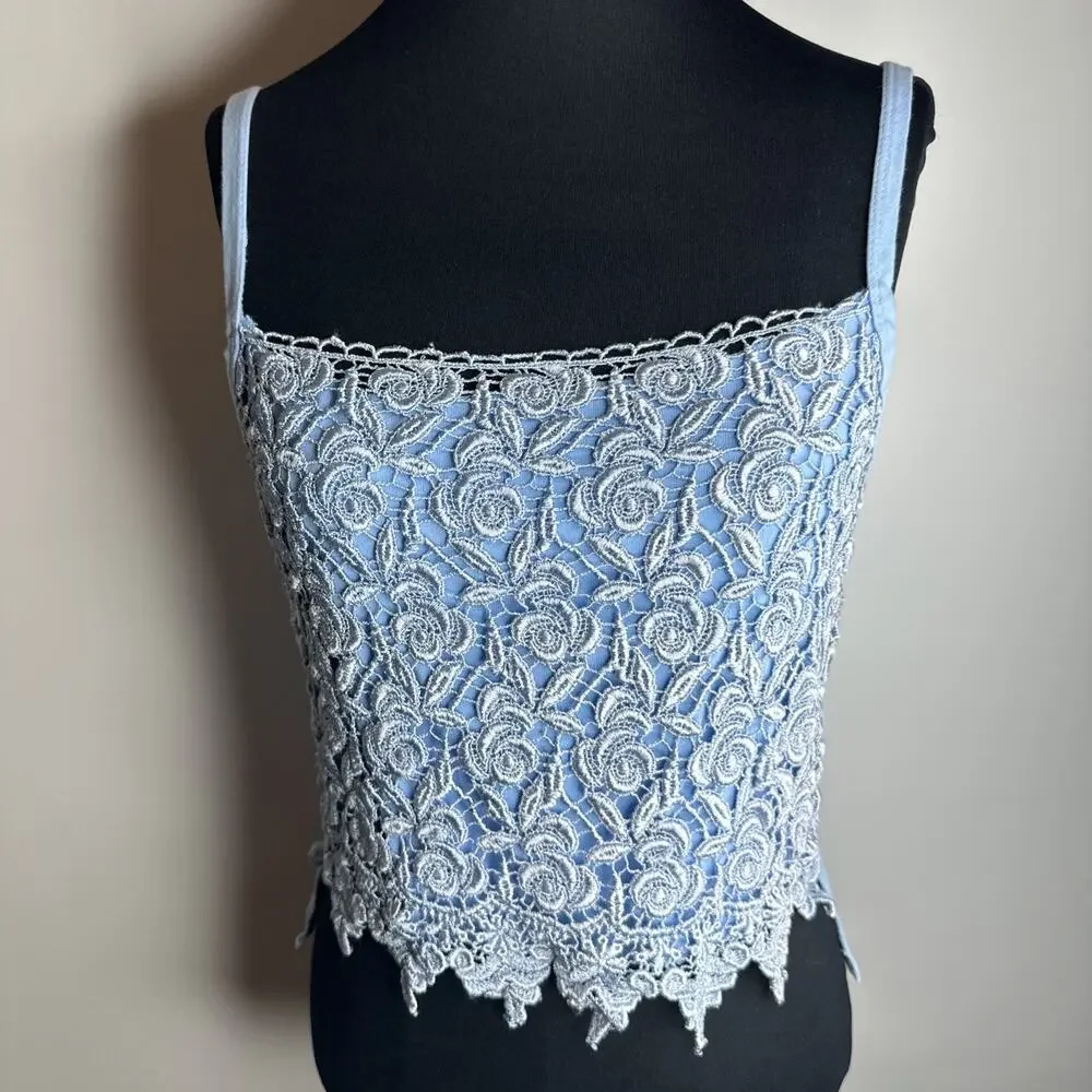 Vintage Awesome Wear Blue Lace Overlay Floral Crop Top Cami Size 3X Fits Medium - Picture 1 of 11